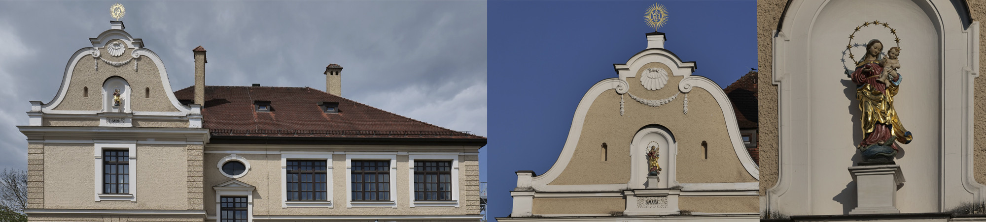 Außenansicht Ober- und Dachgeschoss, Schmuckgiebel und Marienfigur