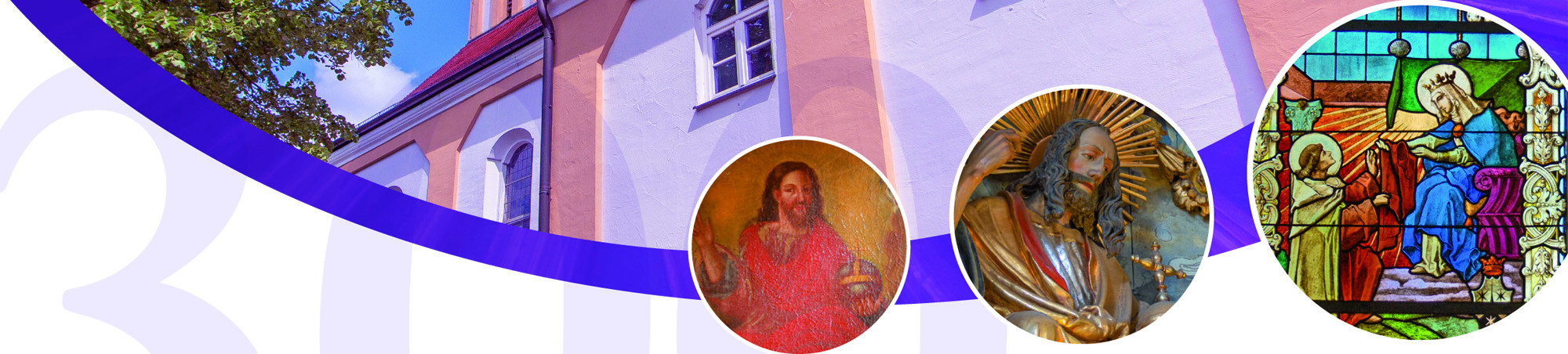 Details aus der Kirche -- Gemälde, Plastik, Glasfenster und Außenfassade -- grafisch verbunden